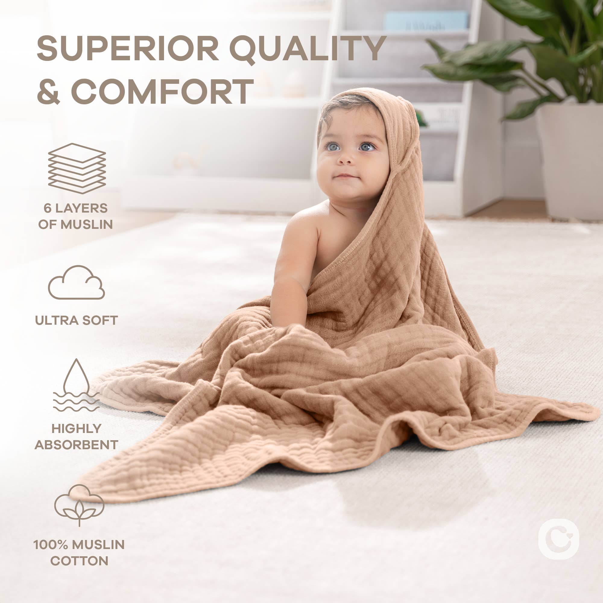 Comfy Cubs Hooded Baby Towel, 6-Layer Muslin Cotton, Mauve